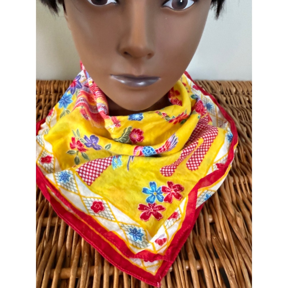 Vintage Yellow Japanese Pagoda Crane Floral Square Scarf Neckerchief Bandana